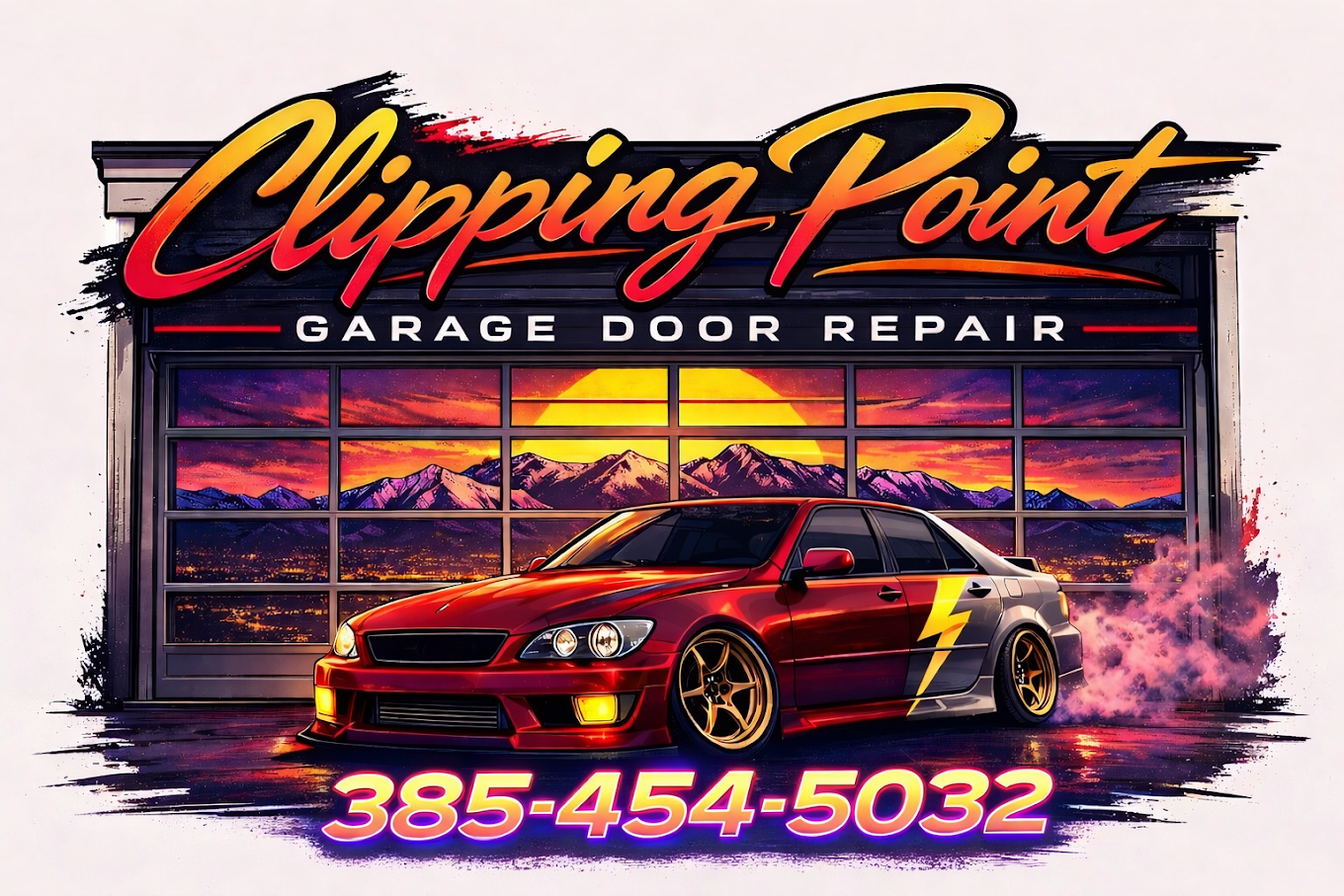 Clipping Point Garage Door Repair logo with a red sports sedan and garage facade